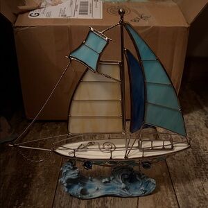 Elegant Glass Sailboat Sculpture in Blue and Cream